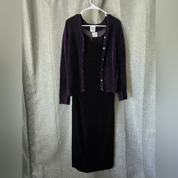 Laura Ashley Vtg 90s Dark Purple Velvet Short Slv Maxi Dress W Matching Cardigan - Picture 1 of 6